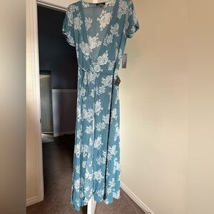 Lulu's Teal Blue Floral Wrap Maxi Dress